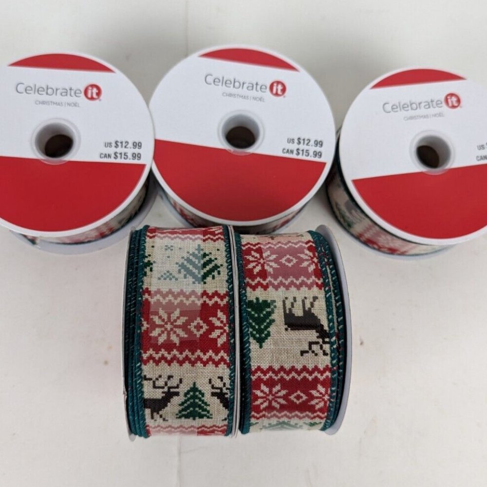 Christmas Tree 1 1/2 x 30 Reindeer Snowflakes Wired Holiday Ribbon Lot of 5.